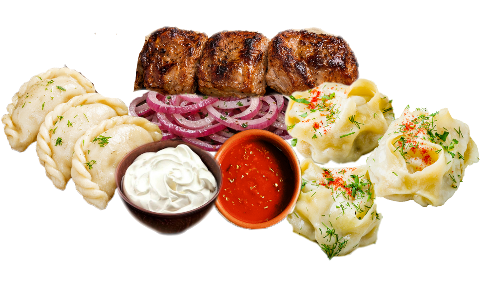 Grillmenü-Box mit Schaschlik, Wareniki und Manty